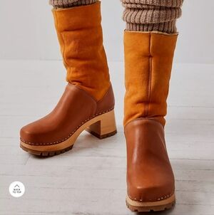 Anthropology Swedish Hasbeens Nature Wood And Leather Clog Boots Womens Sz 36